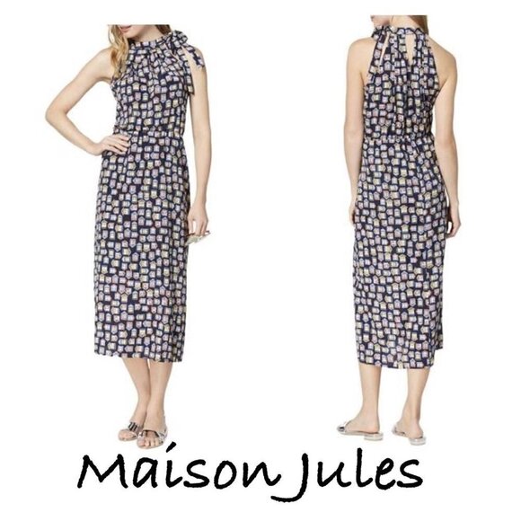 MAISON JULES Women's Blue Eclair Neck Tie Midi Dress Sz XXL - Picture 1 of 10